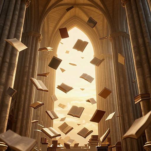 Photograph of an illuminated gothic archway with floating books, surrounded by tall, ribbed columns, bathed in warm, golden light.