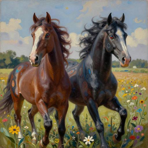 Ornately Decorated Brown and Black Stallions in Wildflower Field