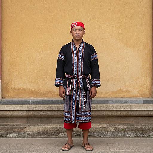 Photograph of a young man standing against a yellow wall, wearing a black embroidered robe, red pants, red headband, and sandals.