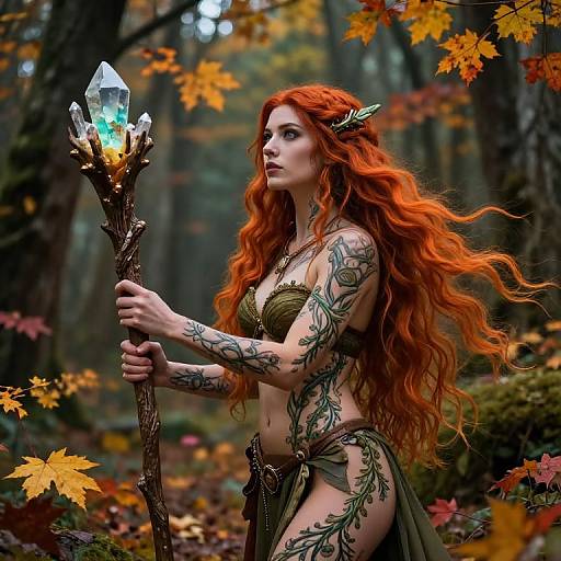 Digital fantasy artwork of a tattooed, red-haired elven woman in a leafy, bronze bikini, holding a glowing crystal staff in a forest with