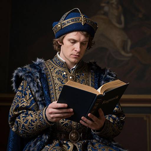 Photograph of a white male with curly brown hair, wearing ornate Renaissance attire with fur trim, reading a book against a dark, textured background.