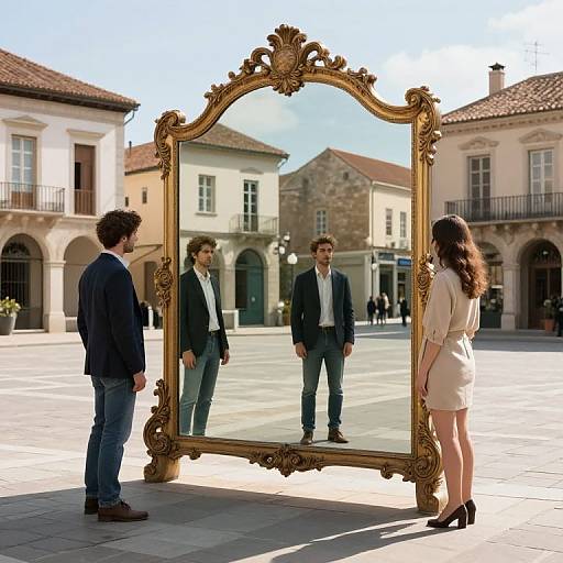 Photograph of a man in a navy blazer and jeans, and a woman in a white dress and heels, standing in front of an ornate