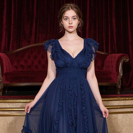 Photograph of a young woman with fair skin and brown hair in a navy blue, ruffled, V-neck dress standing in front of a red velvet