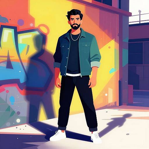 Digital illustration of a bearded man with dark hair, wearing a green jacket, black shirt, and pants, standing in a colorful, graffiti-laden