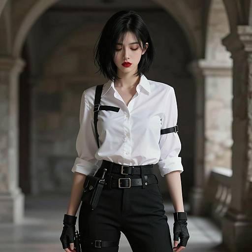 Confident Woman in an Ancient Corridor