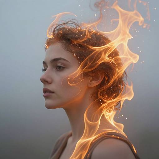 Photograph of a young woman with red hair engulfed in bright orange flames, set against a soft blue gradient background. Her expression is calm and focused