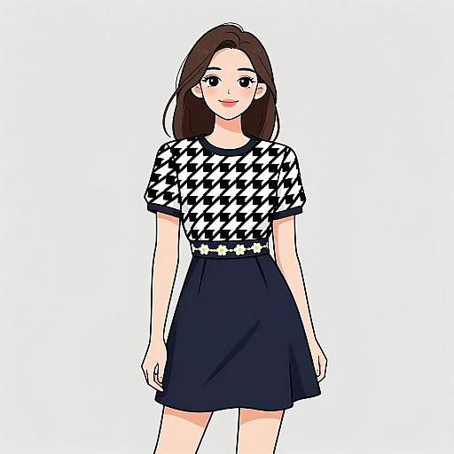Smiling Woman in Chic Houndstooth Dress