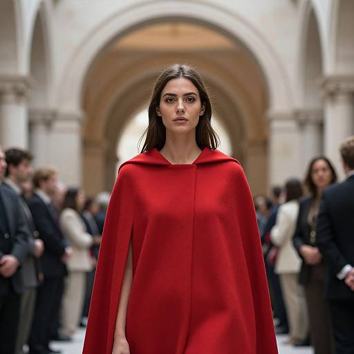 Photograph of a serious brunette woman in a bright red cape walking down a blurred, arched, stone hallway with a crowd in formal attire in the