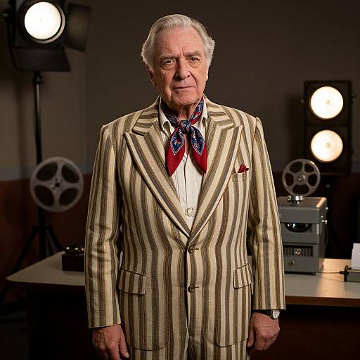 Photograph of an elderly man with white hair, wearing a striped beige suit, red tie, and white shirt, standing in a dimly lit studio