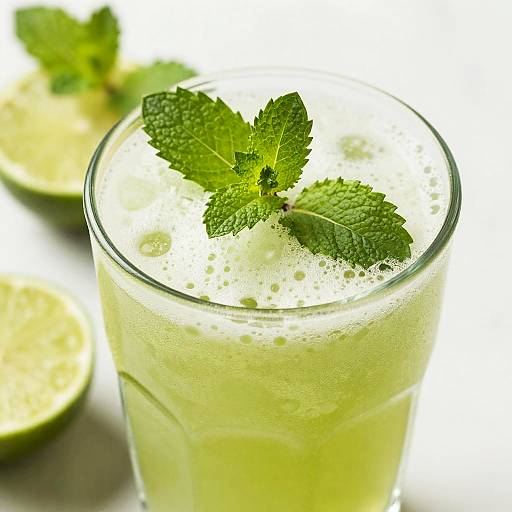 Photograph of a refreshing green cocktail in a glass, topped with a sprig of fresh mint, with lime wedges in the background.