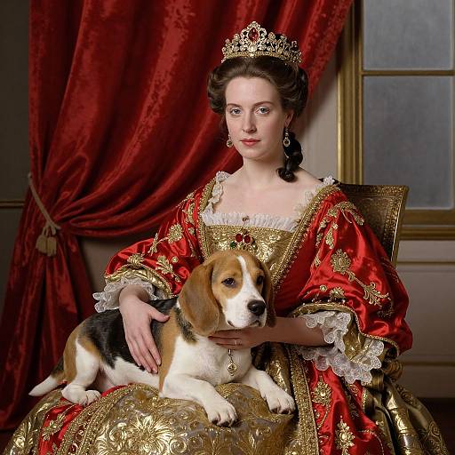 Photorealistic painting of a regal woman in a red and gold gown with lace, crown, and earrings, holding a beagle dog. Red
