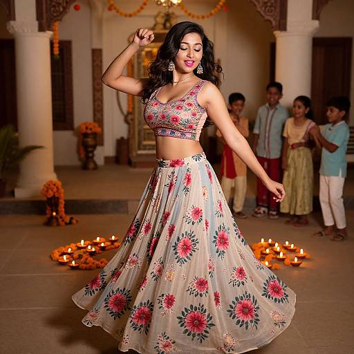 Photograph of an Indian woman dancing in a festive, candlelit courtyard, wearing a floral-patterned crop top and skirt, surrounded by onlookers