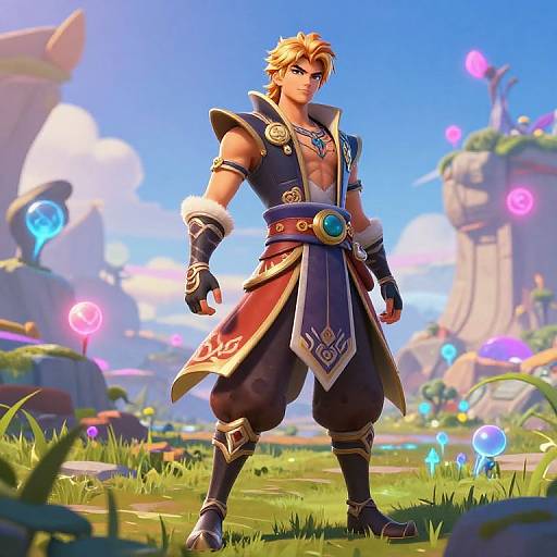 CGI image of a muscular, blonde, fantasy warrior in ornate armor with a blue gem, standing in a vibrant, glowing, fairy-tale