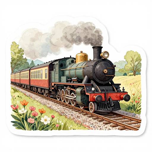 Colorful illustration of a vintage black steam locomotive with red accents and white smoke, pulling red and cream passenger cars through a field of blooming tul