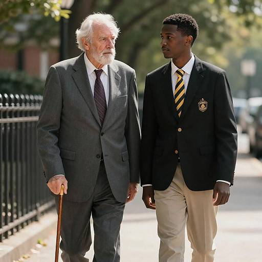 Older Man and Young Student Walking Outdoors