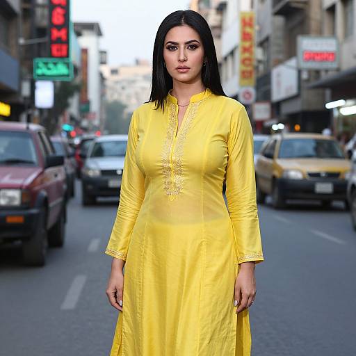 Photograph of a confident South Asian woman with long black hair, wearing a bright yellow long-sleeve traditional dress, standing on a busy urban street
