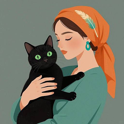 Woman Holding Black Cat Illustration