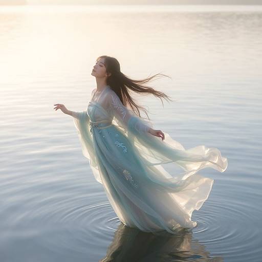 Photograph of a serene woman with long brown hair, in a flowing, translucent blue dress, standing in calm, rippling water, bathed in