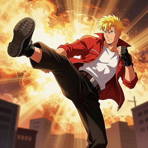 Dynamic Action: Man Kicking Amidst Explosion