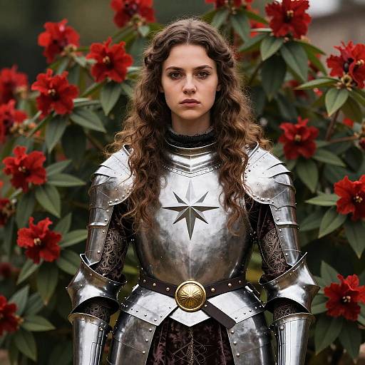 Photograph of a young woman with long, wavy brown hair, wearing silver medieval armor with a star emblem, standing in front of vibrant red flowers