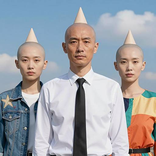 Three people with cone-shaped bald heads