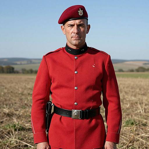 Photograph of an older white man in a red military uniform with a beret, standing in a dry, open field under clear blue skies.