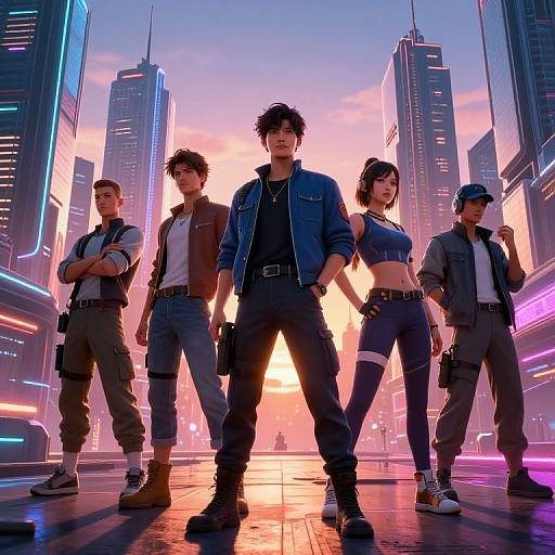 Digital artwork of four edgy, cyberpunk-style individuals standing confidently in a neon-lit urban street at sunset, with towering skyscrapers in the