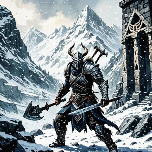 Dragonborn Warrior in Snowy Mountain Pass