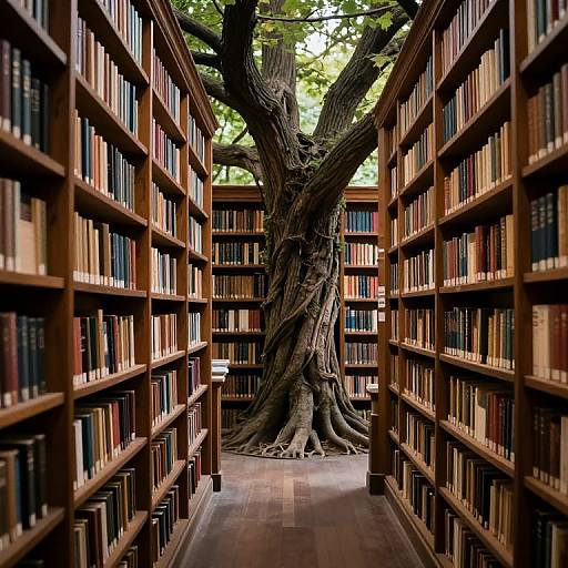 Photograph of a narrow library aisle flanked by tall wooden bookshelves, leading to a large, twisted tree with thick roots. Sunlight filters