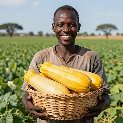 Joyful Farmer with Fresh Yellow Squash