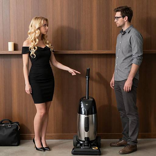 Woman Pointing at Vacuum Cleaner During Discussion
