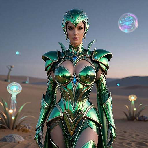 CGI image of a fierce, armored woman with green, metallic armor, large breasts, and a headpiece, standing in a glowing desert with floating