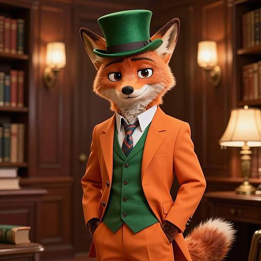 CGI anthropomorphic fox in an orange suit, green vest, and green top hat, standing in a dimly lit, wooden library.