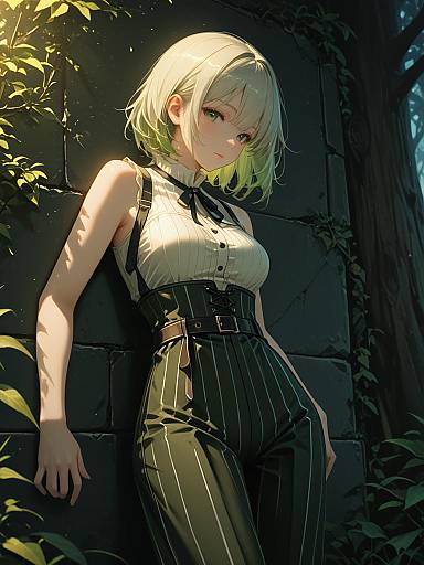 Anime Woman in Pinstripe Jumpsuit