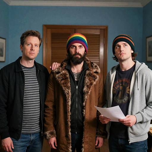 Three Men Portrait in Blue Room