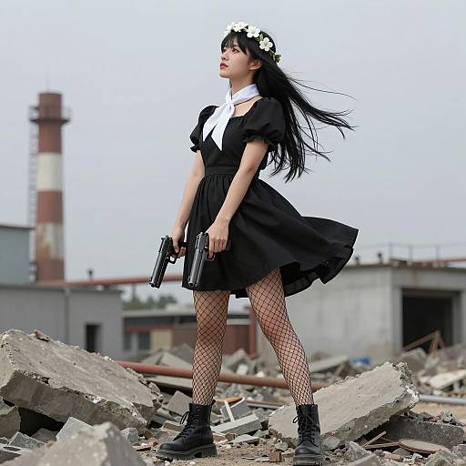 East Asian Woman Standing on Concrete Rubble with Pistols