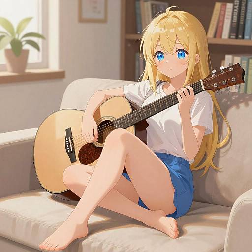 Anime Blonde Girl Playing Guitar on Couch