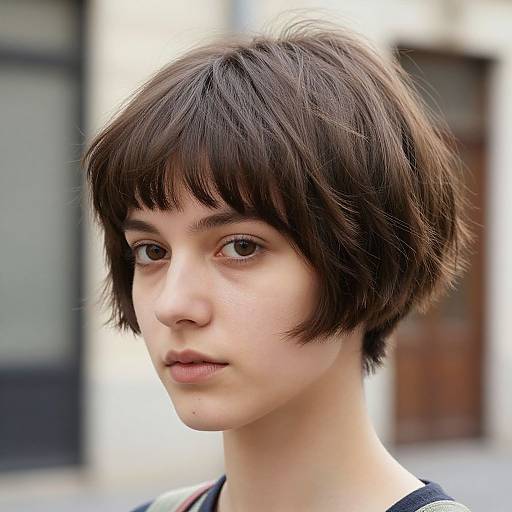 Photograph of a young woman with short, dark brown, slightly messy hair, pale skin, and serious expression, wearing a black top, against a