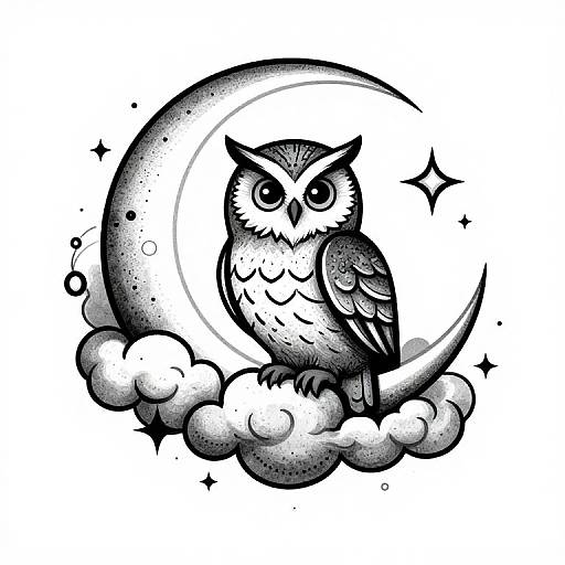 Black-and-white tattoo-style illustration of an owl perched on a crescent moon, surrounded by clouds and sparkles. Bold lines and shading create a