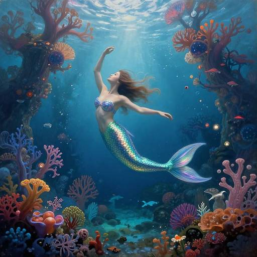 Digital illustration of a shimmering mermaid with a silver tail, floating gracefully in a vibrant underwater coral reef, bathed in sunlight.