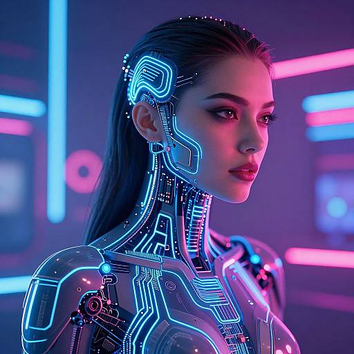 Digital artwork of a cybernetic woman with glowing neon circuit patterns on her face and body, set against a futuristic neon-lit background.