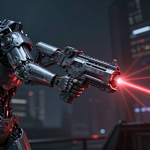 Photorealistic CGI of a futuristic, metallic robotic arm firing a bright red laser beam in a dark, neon-lit cityscape.