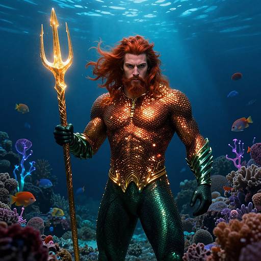 Photorealistic digital artwork of a muscular, red-bearded merman with glowing orange armor, holding a trident, standing in a vibrant underwater coral