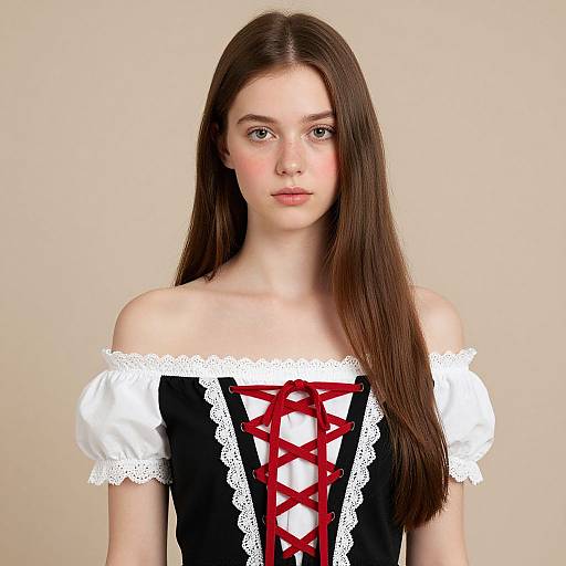Photograph of a young Caucasian woman with long brown hair, wearing a black off-shoulder dress with white lace, red crisscross lacing