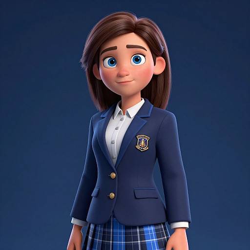 3D CGI illustration of a cute, young girl with blue eyes and brown hair, wearing a navy blue school blazer, white shirt, and blue