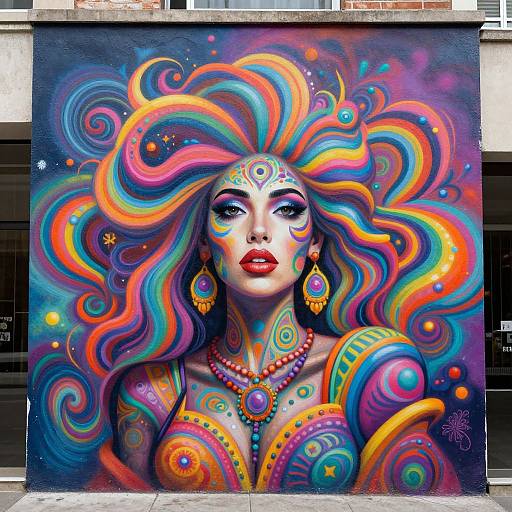 Vibrant digital graffiti mural of a woman with colorful, swirling hair, vivid makeup, and elaborate jewelry, set against a dark urban background.