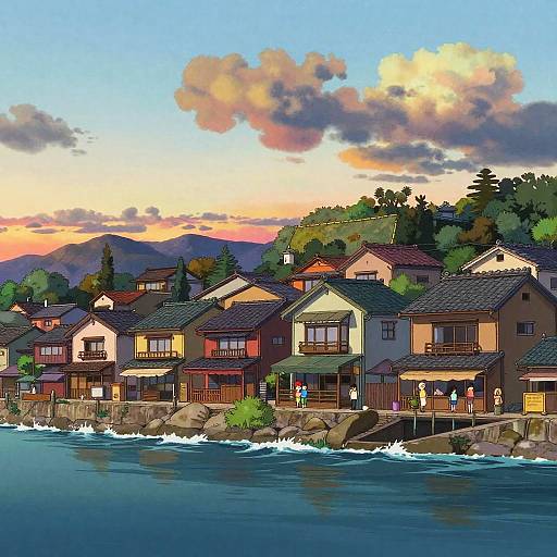 Ghibli-Style Seaside Town Sunset