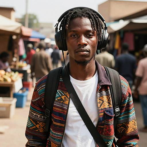 Photograph of a young Black man with dreadlocks, wearing headphones, a colorful patterned jacket, and a white t-shirt, standing in a bustling