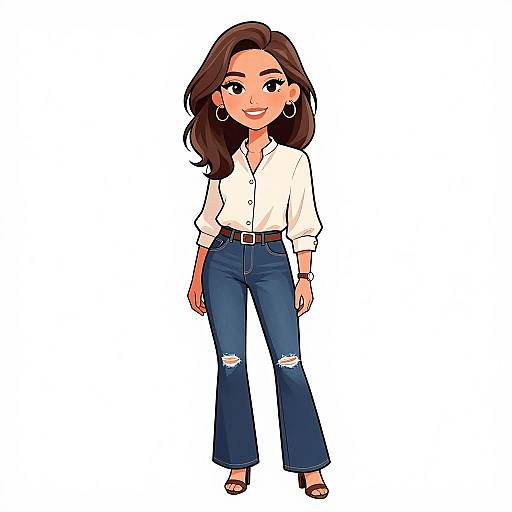Digital illustration of a smiling woman with brown hair, wearing a white shirt, blue ripped jeans, black belt, and open-toed heels.