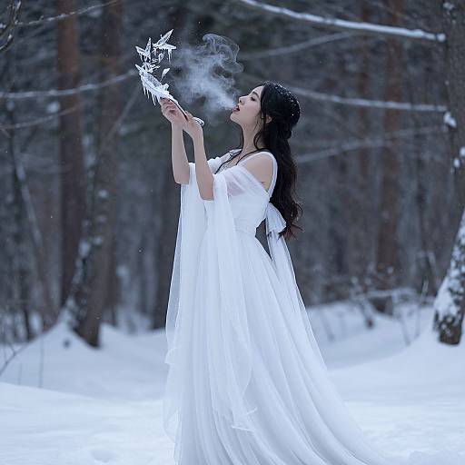 Photograph of a fair-skinned woman with long black hair, in a flowing white snow-themed dress, blowing smoke from a snowflake wand in a